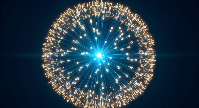 Glowing binary code sphere radiating bright blue light lines in a dark digital space for modern abstract technology background concepts