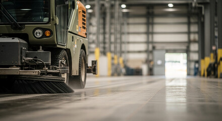 Naklejka premium Industrial Cleaning Machine Sweeping Concrete Floor in Large Warehouse Facility