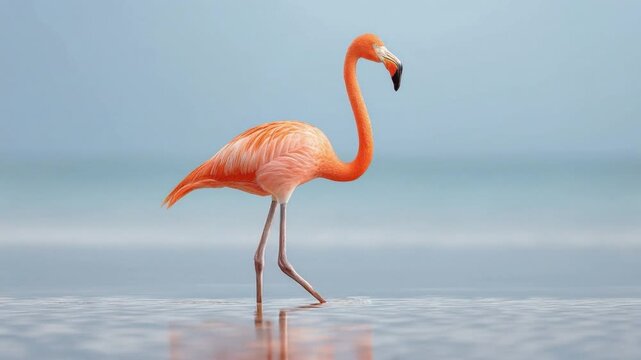 Elegant vibrant orange bird with long neck and thin legs standing gracefully in shallow calm water with soft blue background in natural habitat