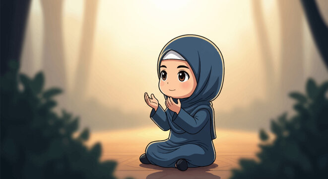 Chibi illustration of a young Muslim girl in a blue hijab and dress, sitting with hands raised in prayer against a blurred outdoor park background with warm, soft sunlight.