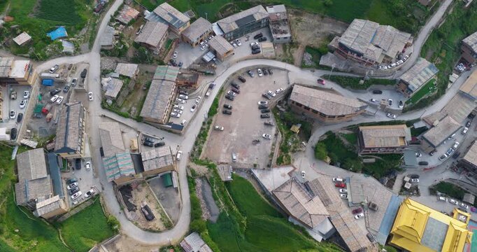 Aerial view of Tibetan village in Zhagana, Gannan, Gansu, natural scenery in mountain valley