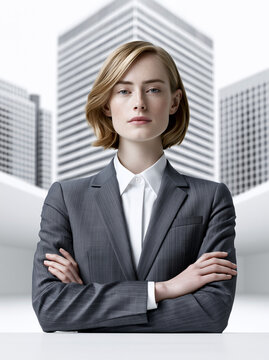 Editorial Photography of a successful businesswoman presenting the advantages of diversified portfolios, vibrant office environment, dynamic angles