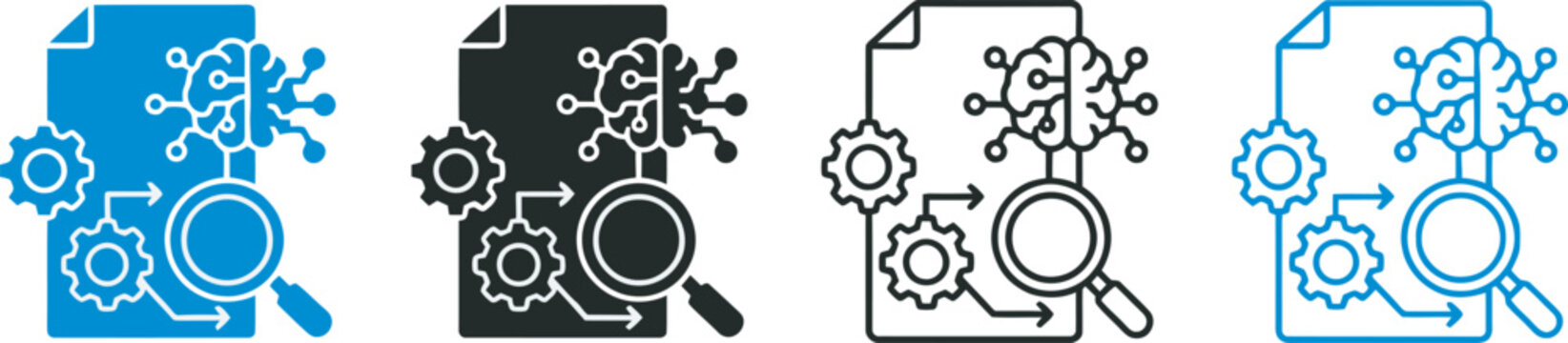 Process flow with brain circuitry and magnifying glass on document for data analysis and technical workflow visualization