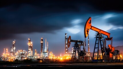 Obraz premium Industrial Oil Field at Night with Pump Jacks and Oil Refinery under Dramatic Cloudy Sky and City Lights