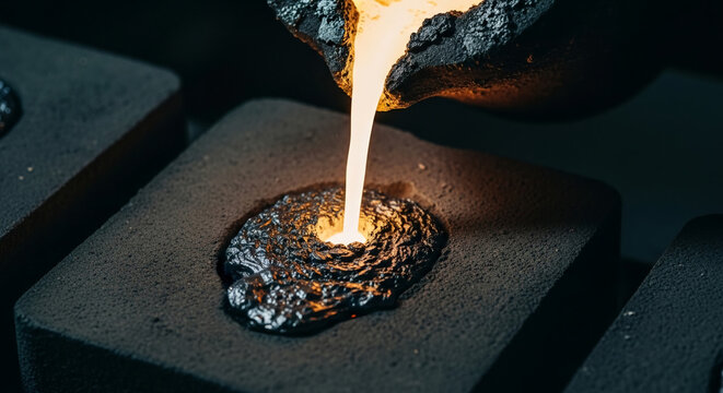Molten metal stream pouring into sand casting mold in dark workshop