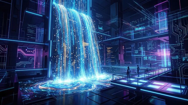 Futuristic virtual data waterfall in neon lit cyberpunk room with binary code streaming down