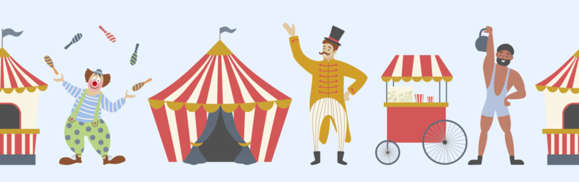 Colorful vector seamless horizontal border featuring a juggling clown circus tent showman popcorn cart and a strongman lifting a weight.