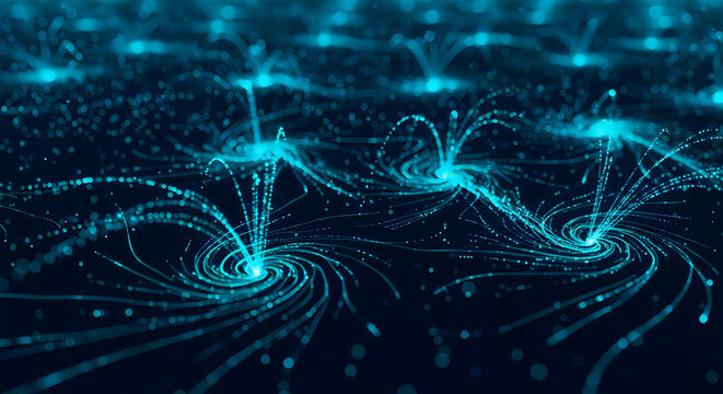 Abstract digital background featuring glowing cyan light particles swirling in complex vortex patterns against a deep dark blue textured space