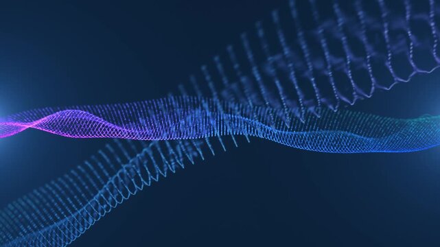 Abstract glowing blue, purple, green wave form of particles and dots moves on a black background, futuristic and digital background, Digital Mesh Waving Technology Background Loop on black background