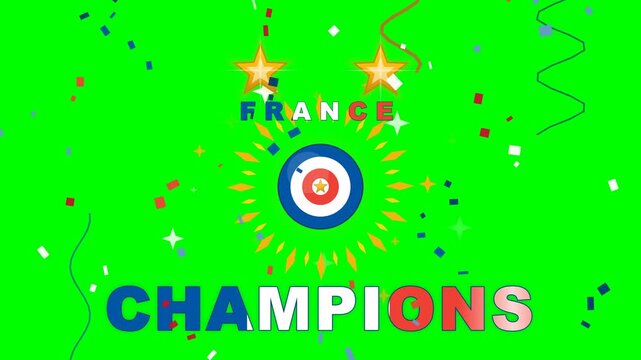 4K green screen France football celebration with tricolore cockade, two stars and CHAMPIONS wordmark, blue white red confetti, chroma key sports overlay loop