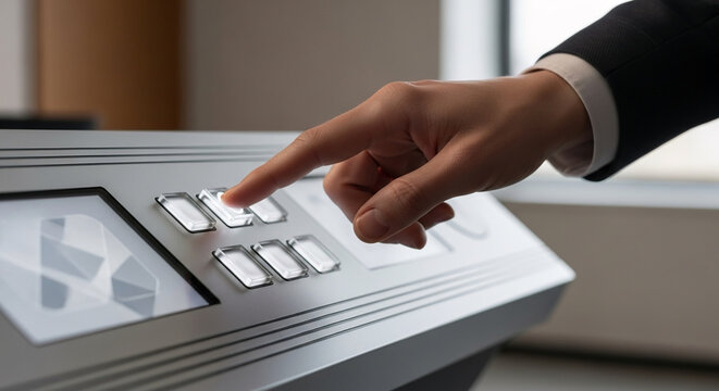 Hand pressing illuminated button on modern control panel, operating technology