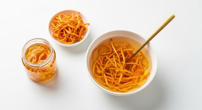 Cordyceps militaris mushrooms in a bowl and a glass jar with a golden spoon on a white background