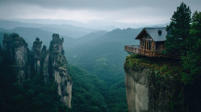 Scenic Mountain View with Unique Cliffside House Surrounded by Majestic Rock Formations and Lush Green Forest