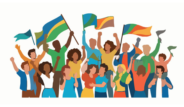 Crowd holding flags celebrating victory vector people illustration set