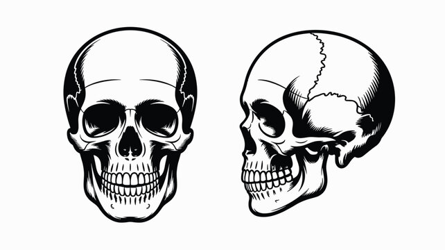 Detailed black and white anatomical drawing of a human skull showing both front and side profile views on a plain white background.