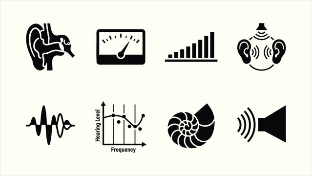 Audiology and hearing health black glyph icon set vector collection
