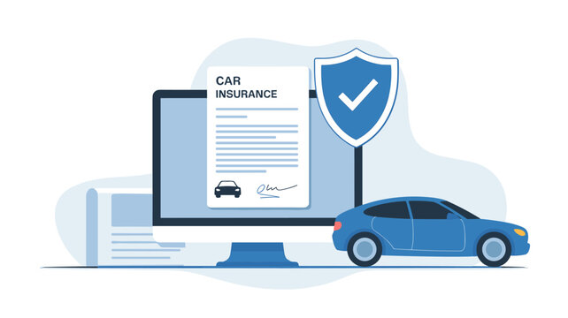 Digital car insurance concept showing a contract on a computer monitor with a blue sedan, a security shield, and a verified checkmark icon.