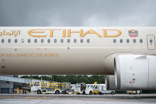 Etihad Airways Airbus A321LR airplane at John Paul II International Krak&oacute;w Balice Airport. United Arab Emirates carrier, airline plane taxiing on a tarmac on June 11, 2026 in Krakow, Poland.