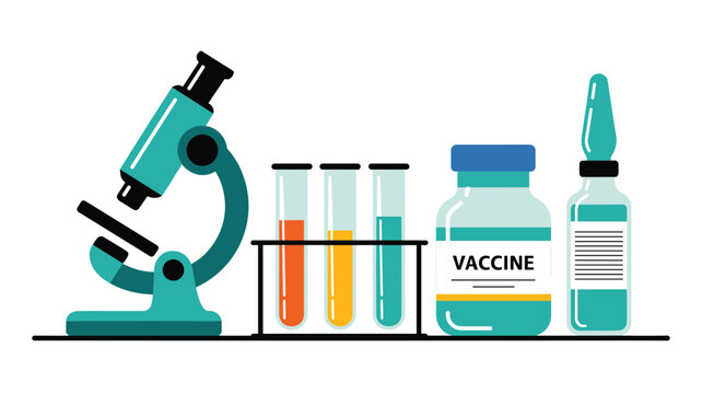 Science laboratory workspace featuring a microscope, test tubes in a rack, a vaccine bottle, and an ampoule on a white background.