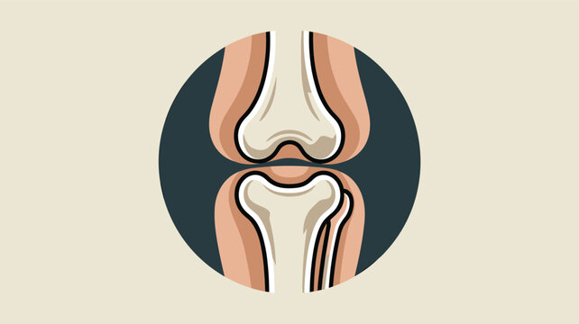 Close-up medical illustration showing the bones and cartilage structure of a human knee joint within a circular frame on a plain background.