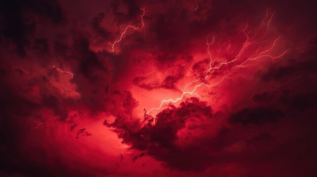 Intense red storm clouds illuminated by vivid lightning bolts create a dramatic and fiery sky scene.