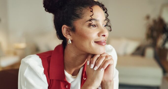 Inspiration, think and woman in home, smile or fashion magazine editor with remote work. Idea, freelancer and person at house with creative solution for style, positive mindset and perspective