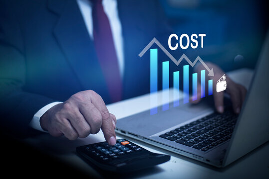 Businessman use laptop with quality control growth graph and cost reduction, Control budget cost and improvement. Cost reduction concept. Cost and save money, business strategy and project management.