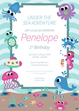 Under the Sea First Birthday Invitation Template, Ocean Theme Party Invite, 5x7 Inch Editable Card