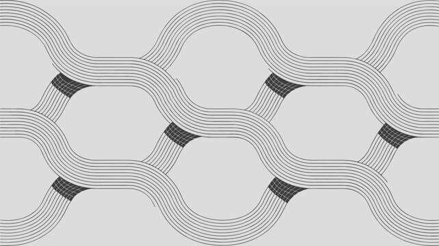 Intricate woven pattern made of gray curved lines creating a hexagonal grid effect on a neutral background for textural design inspiration.