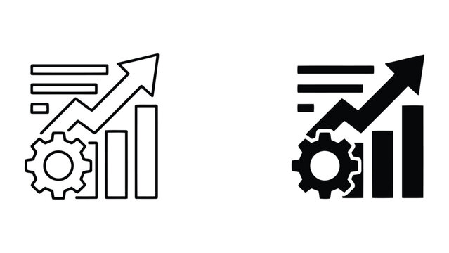 Data analysis and progress dashboard icon with gear and rising arrow bar chart for business efficiency and strategic planning in high resolution vector graphics for professional presentations