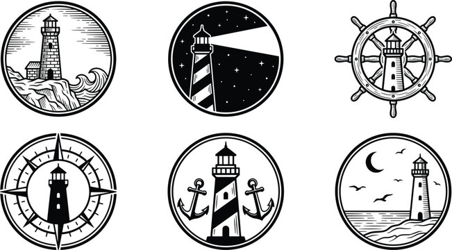 Vintage nautical lighthouse circle emblem logo set vector featuring marine anchor compass ship wheel isolated on white background