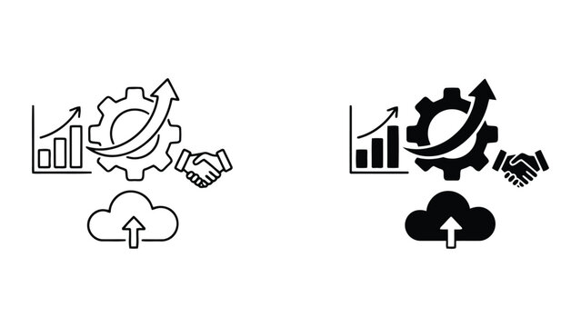 Cloud computing and business growth icon set with handshake and rising bar chart and cloud upload symbol
