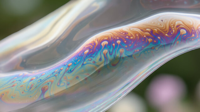 a soap bubble with intricate, swirling patterns in vibrant shades of blue, purple, and orange against a blurred