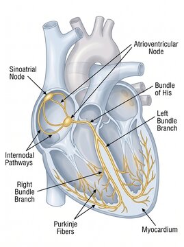The detailed illustration shows the human heart's internal anatomy sagittal cross-section highlighting its electrical conduction system.