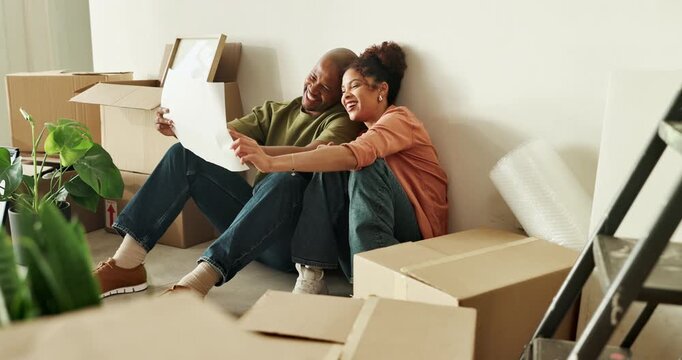 Couple, real estate and blueprint for renovation, funny joke or refurbishment project for house design. African man, woman and floor plan for remodeling property, laugh or layout document in new home