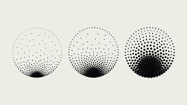 Artistic set of three spheres created using halftone dots with varying density levels illustrates abstract geometric patterns and shading.