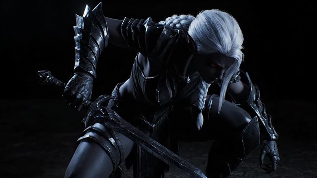 Armored warrior with braided white hair crouching in a dark environment
