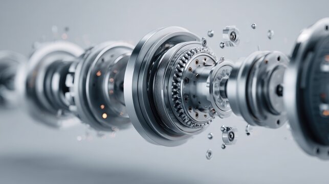 Detailed Close-up of Disassembled Mechanical Gears and Components in an Abstract Background with Light Reflections