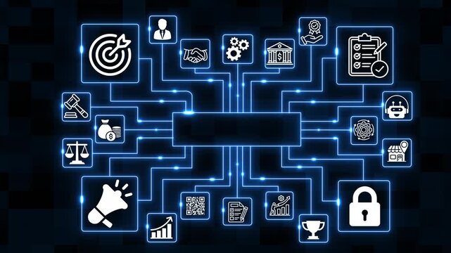 Future Technology Network Interface with ipv6 Ecosystem and Corporate Digital Connections Neon Blue Circuit Network Display with Business Icons and Digital Hub.