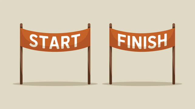 Simple illustration shows a start banner and a finish banner on wooden poles representing the beginning and end of a race or competition.