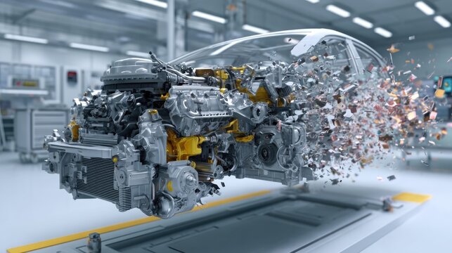 Exploded View of a Car Engine with Mechanical Components in a High-Tech Workshop Environment