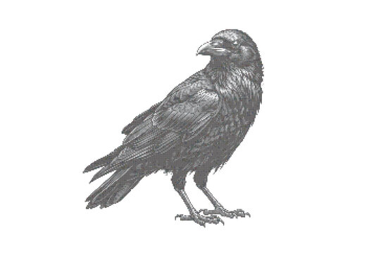 Black raven bird standing on ground looking sideways profile view