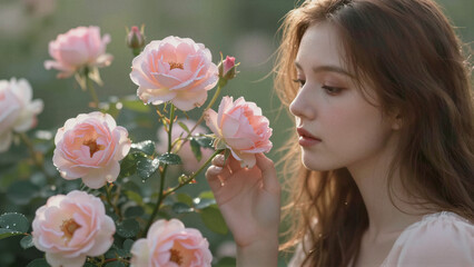 Fototapeta premium Soft pink roses bloom beside a gentle woman. Her hand brushes a petal as she inhales their scent. Golden light filters through lush green leaves. She gazes softly, eyes closed in tranquil appreciation