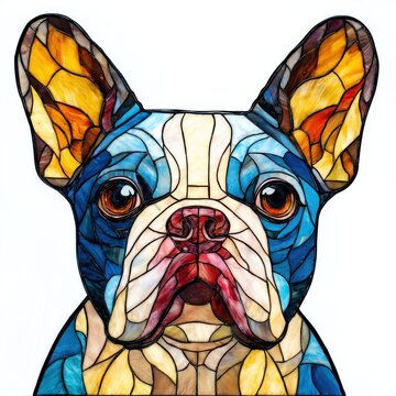 Stained Glass Boston Terrier Portrait Colorful Artistic Animal Art White Background Detailed Glasswork