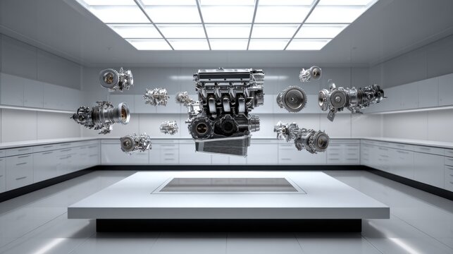 Futuristic Automotive Engine Design Showcased in Sleek Laboratory with Floating Components and High-Tech Environment