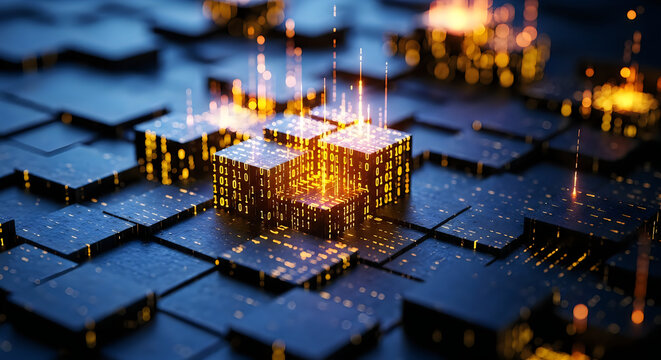 Glowing binary code cubes rising from a dark textured surface representing advanced artificial intelligence and complex digital data processing systems