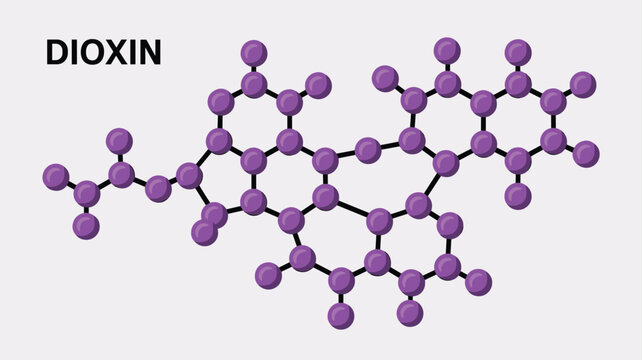 Chemical molecular structure diagram of dioxin with purple atoms on a light grey background for science themes.