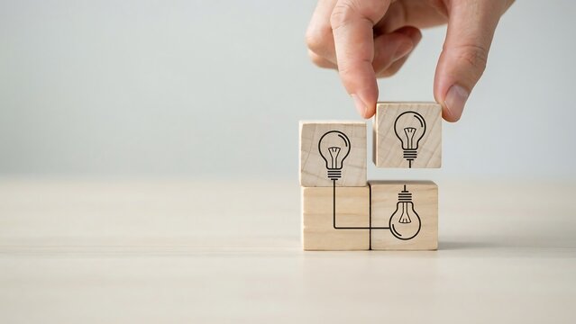 A hand places a wooden block with a light bulb drawing on top of two blocks connected by lines on a table.