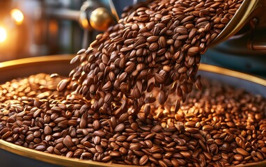 Obraz premium Rich Dark Roasted Coffee Beans Being Scooped into a Large Container