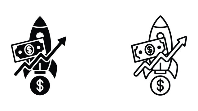 Rocket ship with dollar sign and growing arrow icon set for financial growth and startup funding concepts